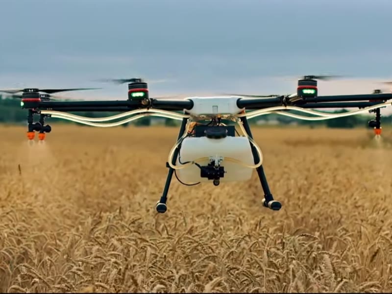 Agricultural drone flying above a field